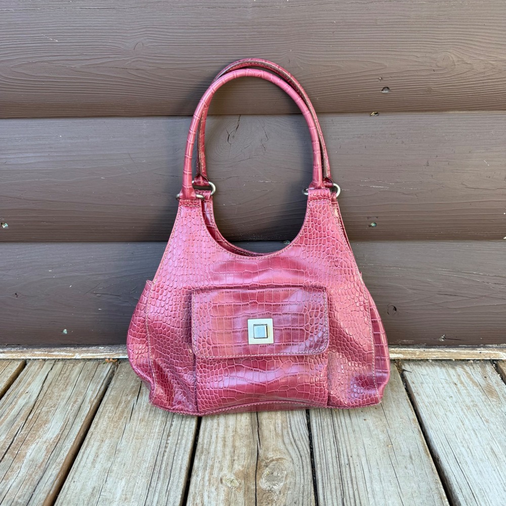 Nine West Shoulder Bag Womens Medium Pink Croc Embossed Faux Leather Purse